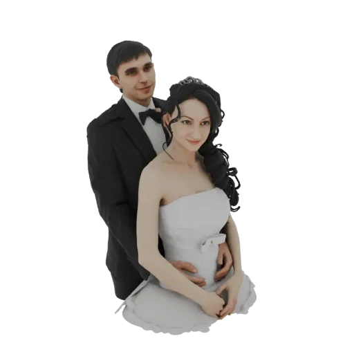 3D model of a wedding couple, with the groom embracing the bride from behind. The bride wears a white wedding dress and the g