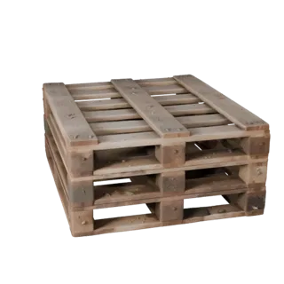 Verwitterte Holzpalette 3D-Modell, Dreiviertel-Vorderansicht, Unity-Viewport, zeigt Holzplanken, stapelbare Masse.