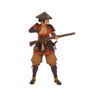 Modelo 3D de guerreira Ashigaru feminina em armadura tradicional, segurando mosquete, contra fundo branco.