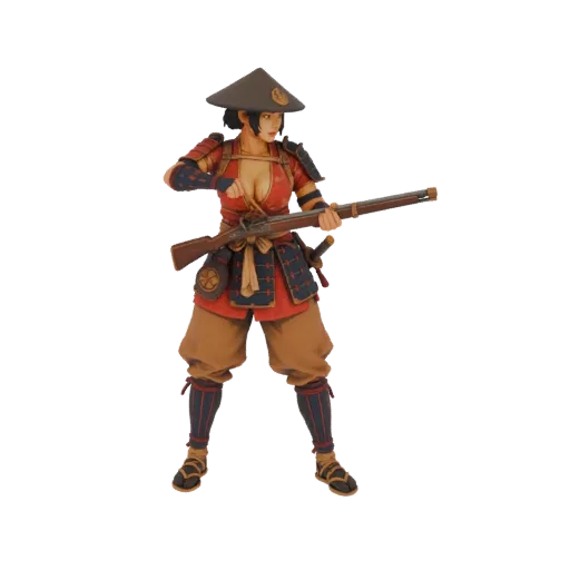 Modèle 3D d'une guerrière Ashigaru en armure traditionnelle, tenant un mousquet, sur fond blanc.
