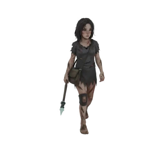 3D model of a young girl in tattered clothes, holding a spear, with dirt smudges on her skin and clothes.