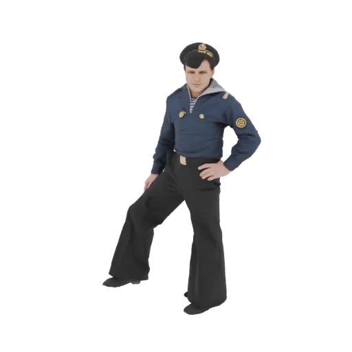 3D model render of a man wearing a classic sailor uniform with a blue jacket, striped shirt, and bell-bottom pants.