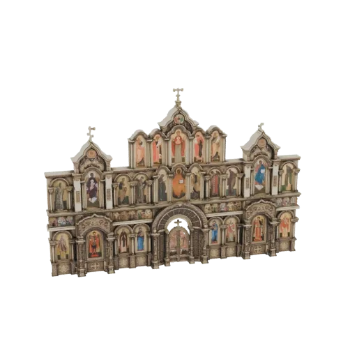 3D model of an Orthodox Iconostasis facade with multiple tiers of carved columns, arches, and painted religious icons.