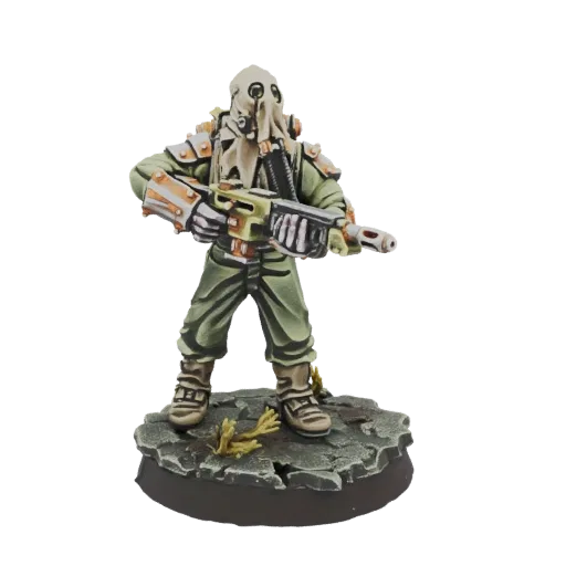 3D model of a post-apocalyptic soldier with a gas mask and rifle, standing on a ruined diorama base.