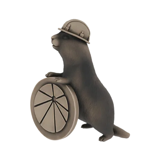 3D model of a bronze beaver wearing a hard hat and holding a gear, depicted as an engineer.