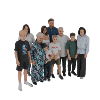 3D model of a multi-generational family group posing together, including grandparents, parents, and children.