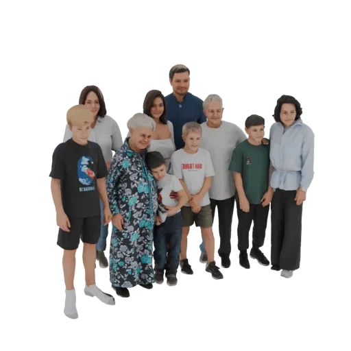 Modèle 3D d'un groupe familial multi-générationnel posant ensemble, incluant grands-parents, parents et enfants.