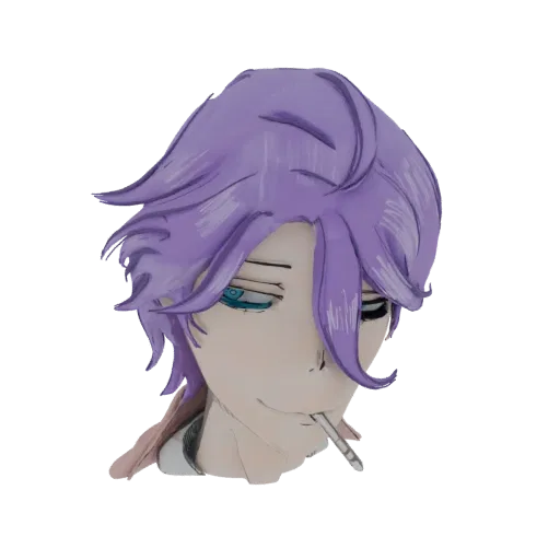 3D model of an anime character with purple hair, blue eyes, and a cigarette, viewed from the side.