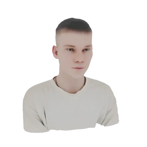 3D model render of a young man with short hair, wearing a white t-shirt, looking slightly to the side.