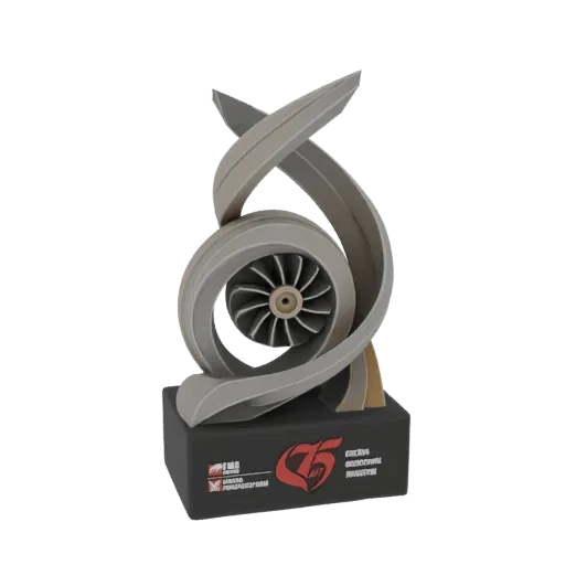 3D model of a modern turbine award trophy with abstract swirling ribbons and a central turbine impeller on a black base.