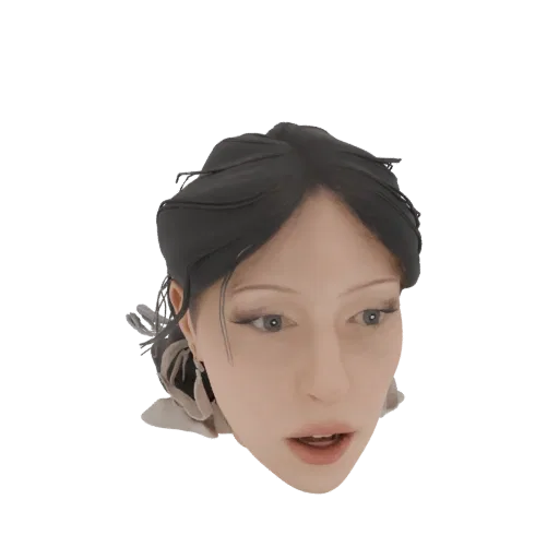 Rendu 3D d'une tête féminine générée par IA aux cheveux sombres et coiffés, visage expressif.