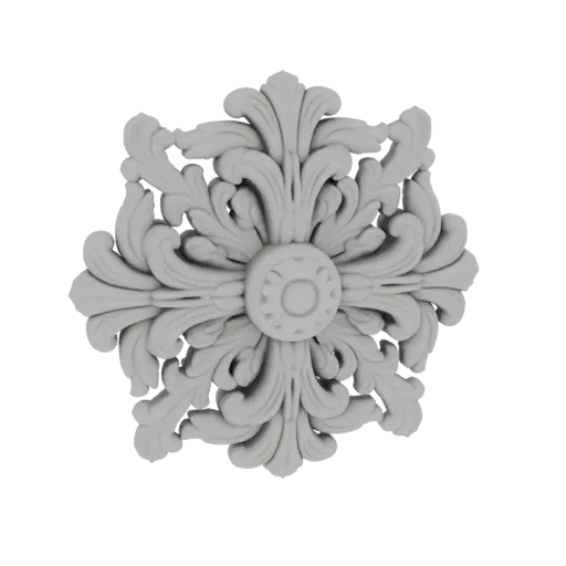 3D model render of a white, ornate ceiling medallion with intricate acanthus leaf patterns radiating from a central circular