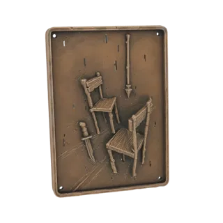 3D model of a bronze relief plaque showing two chairs, a knife, and a spear against a textured wall.
