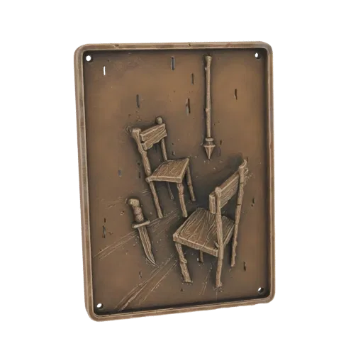 3D model of a bronze relief plaque showing two chairs, a knife, and a spear against a textured wall.