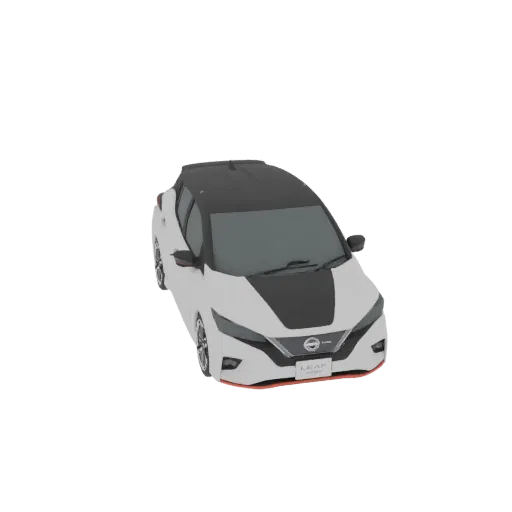 3D model of a white 2023 Nissan Leaf electric car with a black roof and hood, viewed from a front-three-quarter angle.