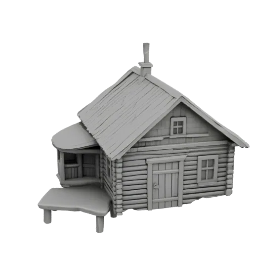 3D model of a rustic log cabin with a porch and chimney, rendered in a neutral grey.
