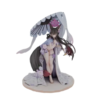 3D-Modell eines Kitsune Schrein-Mädchens mit Fuchsohren und -schwanz, in einem Kimono mit Sonnenschirm, auf einem dekorativen