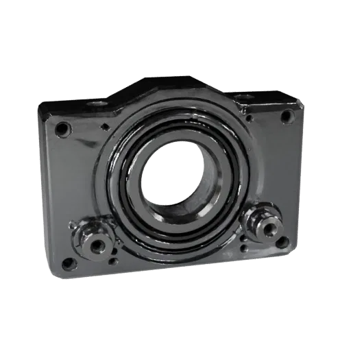 Cast Metal Bearing Block Low Poly 3D model, game viewport three-quarter view, showing machined metal, form detail.