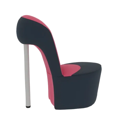 3D model of a high heel stiletto chair with a dark navy and pink design, featuring a tall white heel.