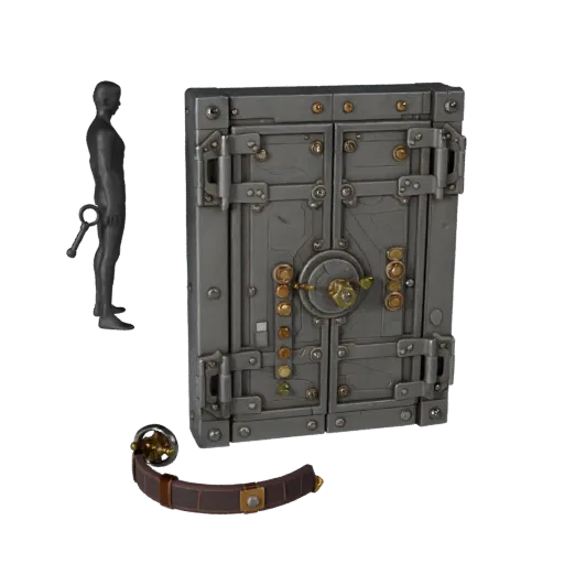 Dungeon Locked Door Panel High Poly 3D model, close-up studio render, showing metal hinges, form detail.