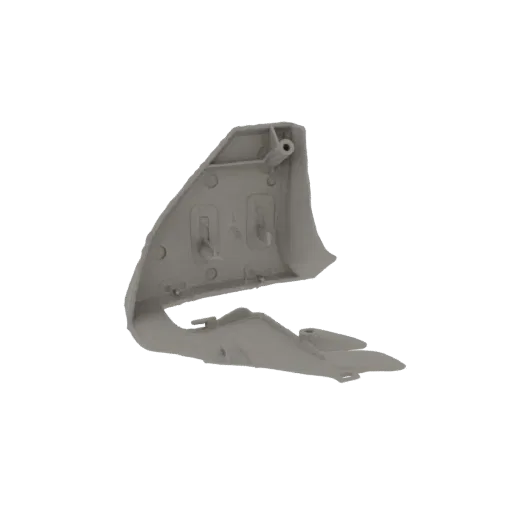 3D model of a gray automotive interior trim clip with mounting prongs and a curved shape.