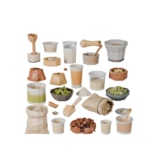 Baking Rice Sack Low Poly 3D model, game viewport three-quarter view, showing powders, small ingredient shapes.