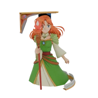 3D model of an anime sorceress with orange hair, green dress, holding a red-gemmed staff, and wearing an ornate golden headpi
