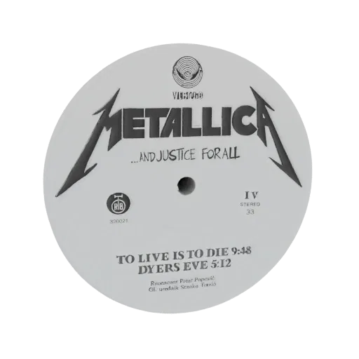 3D model of the Metallica '...And Justice For All' vinyl record, showing the white label with black text and logo.