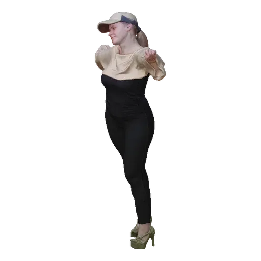 3D model of a woman wearing a beige and black outfit, a beige cap, and green platform heels, striking a pose.