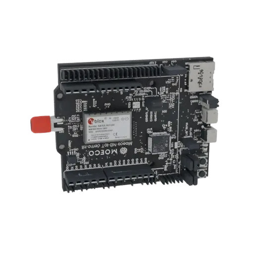 3D model of the MOECO NB-IoT Demo Board, a black circuit board with an antenna and connectors.