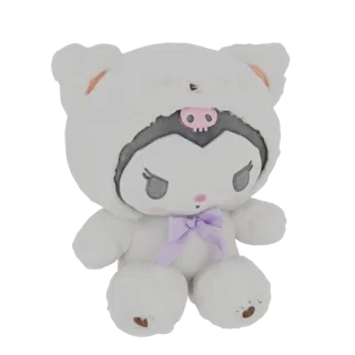 Modello 3D di Kuromi con cappuccio d'orso bianco e fiocco viola, dall'aspetto carino e coccoloso.