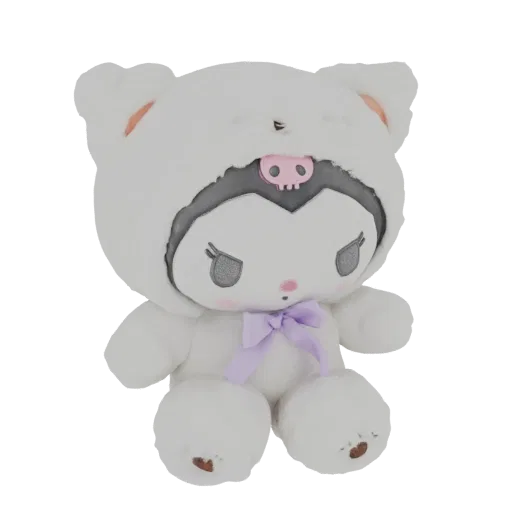 3D model of Kuromi wearing a white bear hood with a purple bow, looking cute and cuddly.