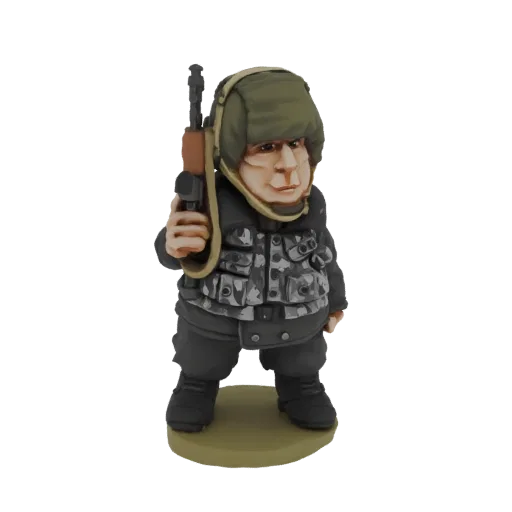 Rendu 3D d'une miniature de soldat chibi avec casque vert, gilet camouflage et fusil, debout sur un socle.