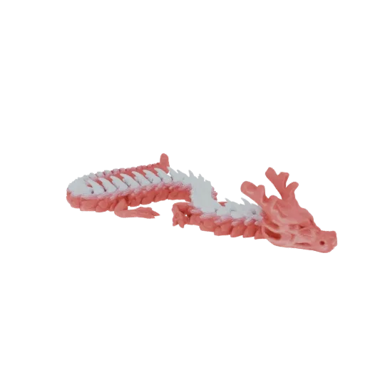 A 3D render of an articulated dragon with a segmented body, colored in pink and white, lying on a white background.