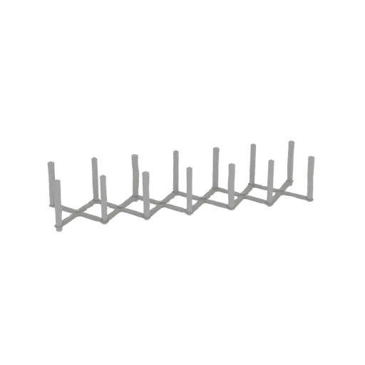 3D model of a geometric grid shelf organizer with interconnected square frames and vertical supports, rendered in a neutral g