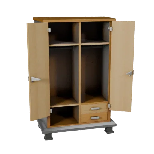 Industrial Wardrobe Low Poly 3D model, bedroom, game viewport three-quarter view, painted wood detail.