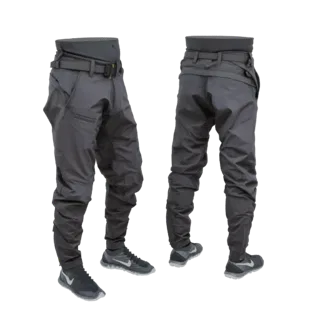 3D model of dark gray techwear cargo pants with a tactical belt and athletic sneakers, shown from front and back.