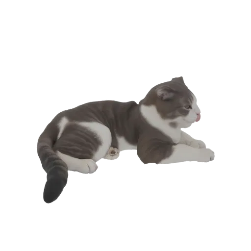 3D model of a grey and white tabby cat lying down with its tongue slightly out, looking to the right.