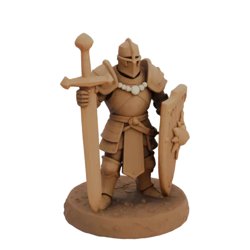 Miniatura STL de Paladín Antiguo Medieval, render de mesa a tres cuartos, miniatura de héroe imprimible en resina con pose de