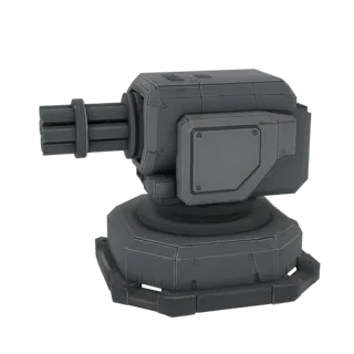 Modèle 3D d'une tourelle Gatling futuriste avec un canon multi-tubes et une base hexagonale, rendu en gris.