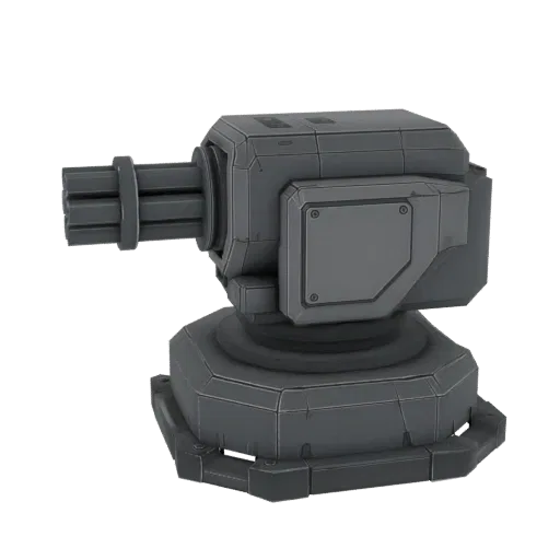 Modelo 3D de uma torre gatling futurista com canhão multi-cano e base hexagonal, renderizado em cinza.