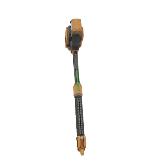 3D model of a futuristic sci-fi energy hammer with orange and metallic grey accents and a glowing green energy core.