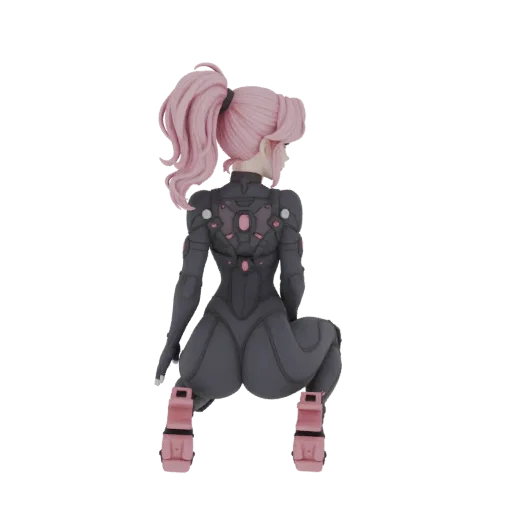 3D model of a female character with a pink ponytail in a dark sci-fi suit, crouching and looking over her shoulder.