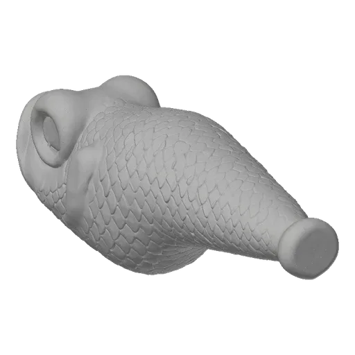 A 3D model render of a stylized white fish lure with a large eye and textured scales, resting on a flat surface.
