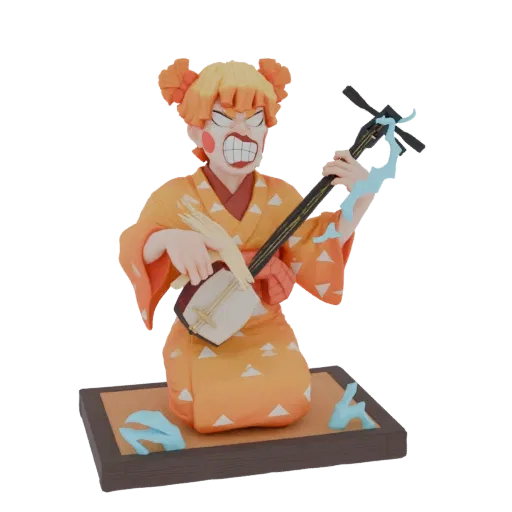 Modello 3D di Zenitsu Agatsuma da Demon Slayer che suona uno shamisen con effetti di energia elettrica.