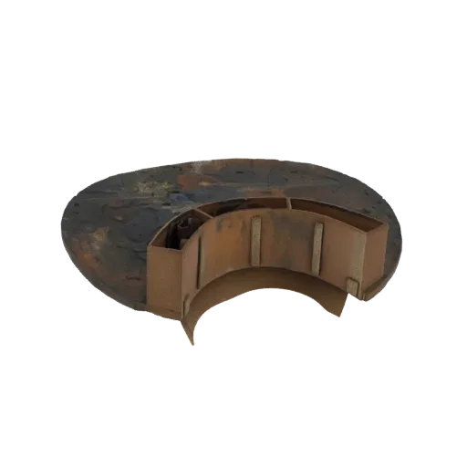 3D model of an industrial fan impeller with a weathered metallic texture, viewed from an angle.