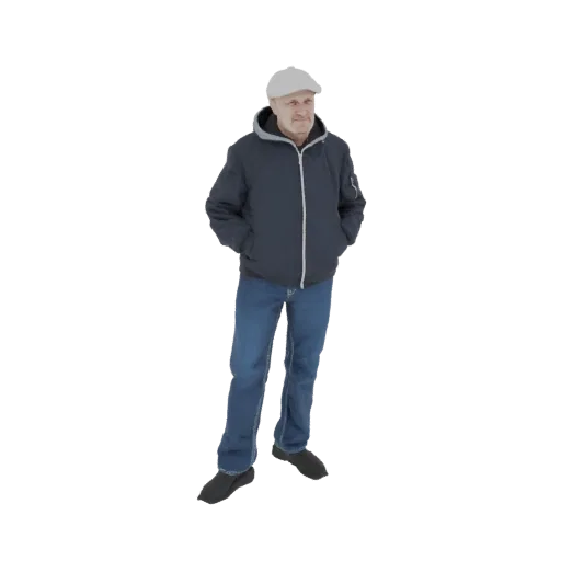 Modelo 3D de homem de meia-idade usando boina branca, casaco escuro e jeans, em pé com as mãos nos bolsos.