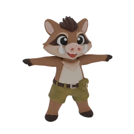 A 3D render of a cartoon boar character wearing shorts and a belt, with arms outstretched in a T-pose, against a black backgr