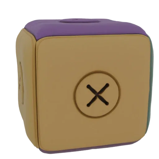 A 3D render of a cute, tan and purple cube toy with a button featuring a black 'X' design.
