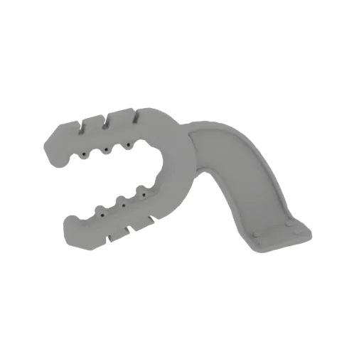 3D model of a grey industrial pipe clamp with serrated jaws and a curved support arm, isolated on a white background.
